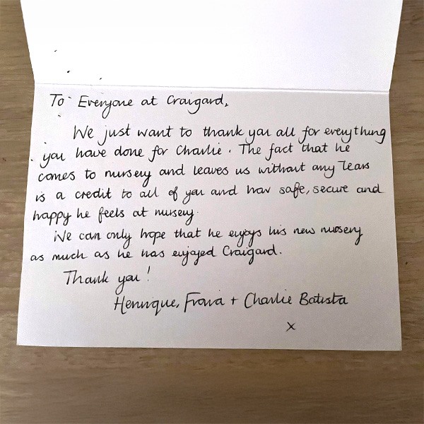 Thank you message from parents to nursery practitioners