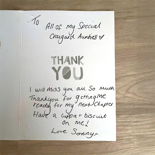Parent appreciation note for Craigard Nursery educators