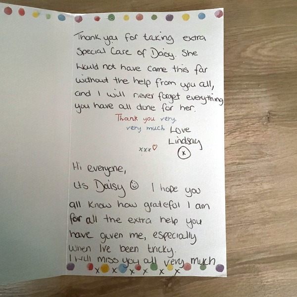 Card expressing gratitude for early years care at Craigard Nursery