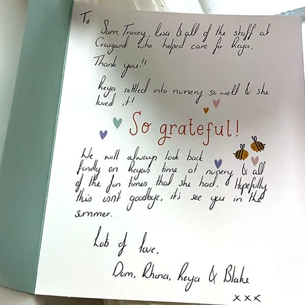Thank you card from family to Craigard Nursery