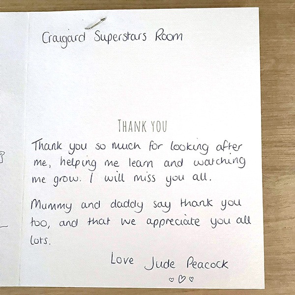 Thank you message from family recognising nursery staff dedication