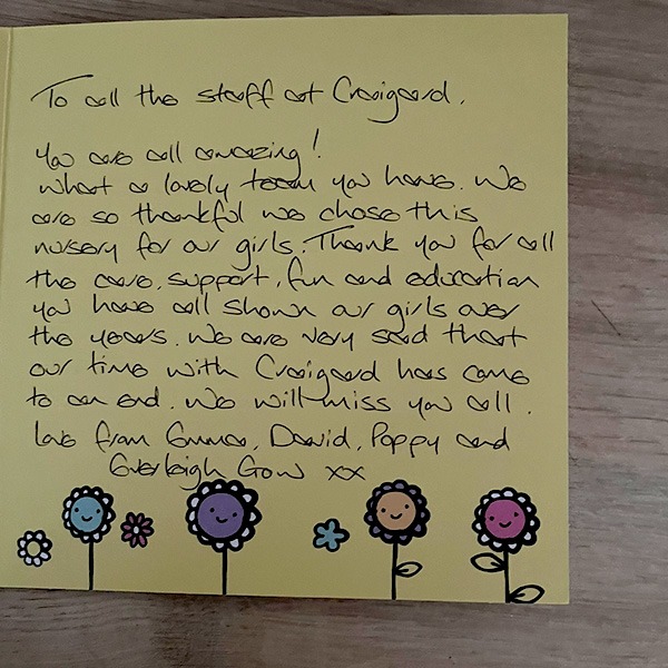 Positive parent review celebrating Craigard Nursery team