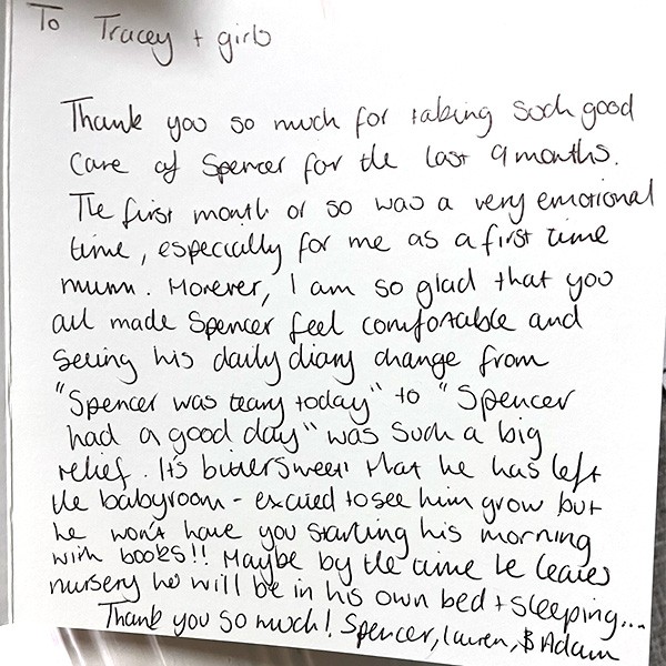 Handwritten parent testimonial praising Craigard Nursery childcare